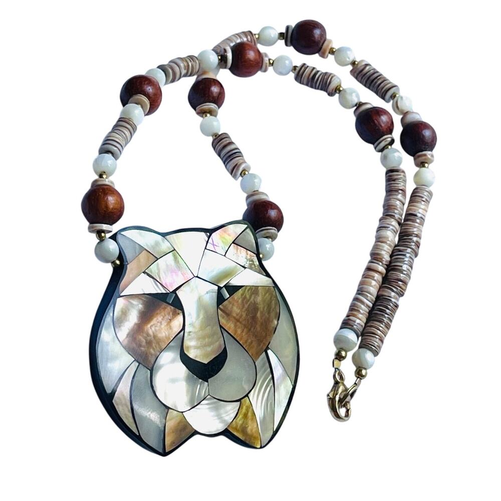 Vintage Lee Sands Mother of Pearl Inlay Chunky Boho Lion Necklace